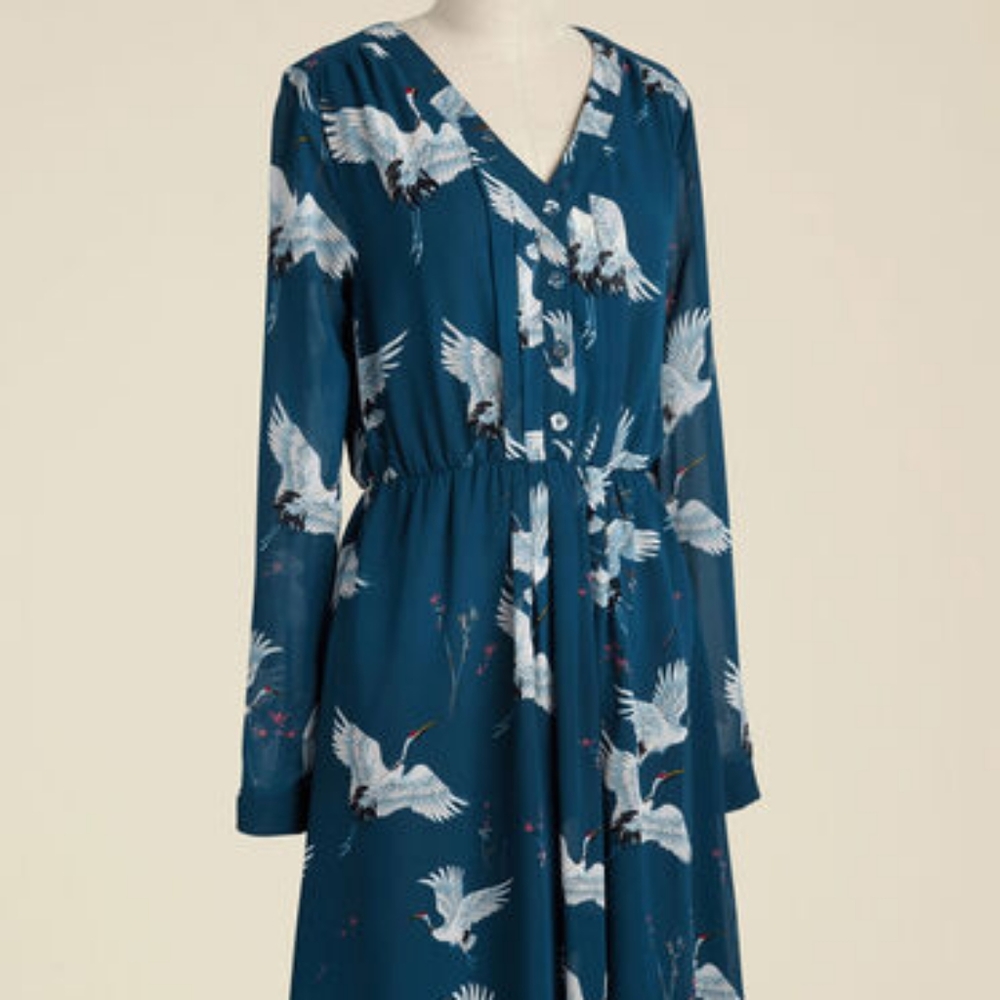 Archivist Apprentice Long Sleeve Dress in Cranes